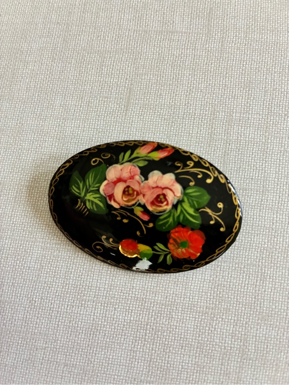 Vintage Russian Hand-Painted Floral Oval Brooch in Black and Pink